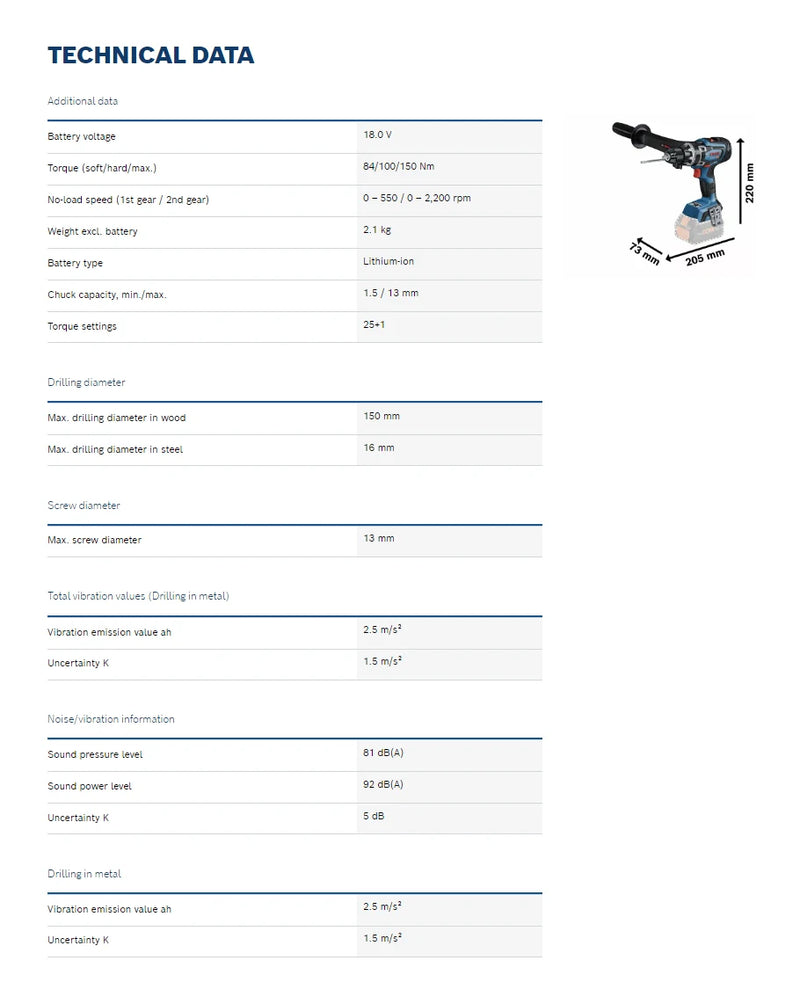 BOSCH GSR 18V-150 C Brushless Cordless Drill Driver 18V Lithium Battery Power Tools Electric Screwdriver 2200RPM 150NM