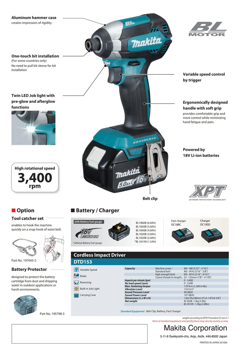 Makita DTD153Z Brushless Cordless Impact Driver LXT 18V Lithium Power Tools 170NM