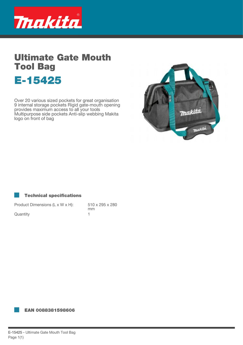 Makita E-15425 Ultimate Gate Mouth Tool Bag Power Tool Accessories