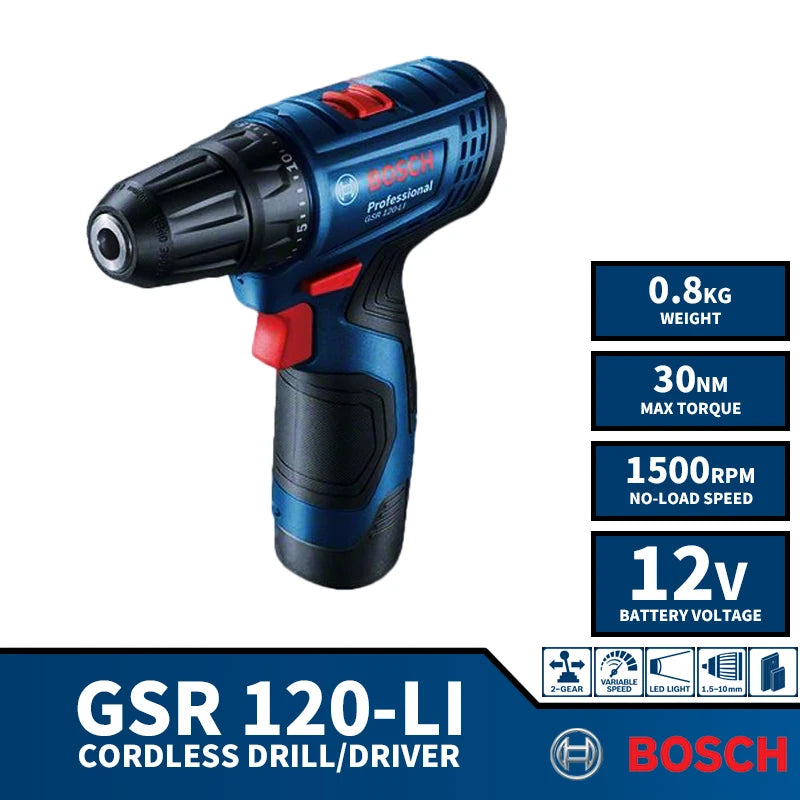 BOSCH GSR 120-LI Cordless Compact Drill Driver 12V Electric Screwdriver Lithium Battery Power Tools 1500RPM 30NM