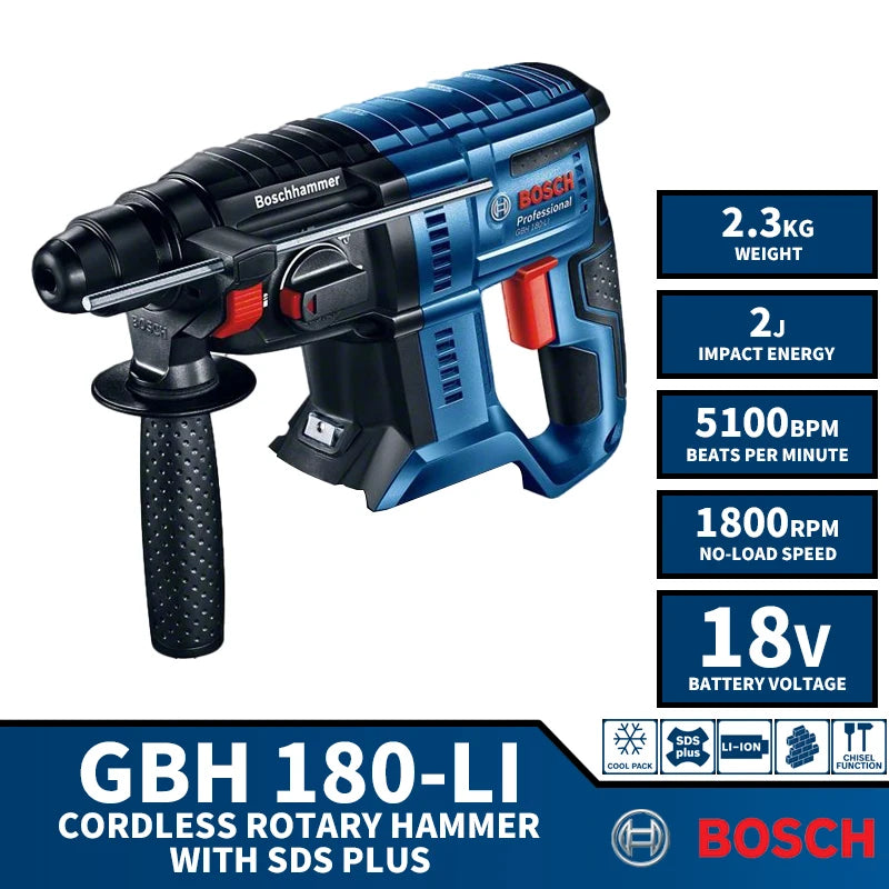 BOSCH GBH 180-LI Brushless Cordless Rotary Hammer With SDS PLUS Drill 18V Lithium Battery Power Tools 5100BPM 2J