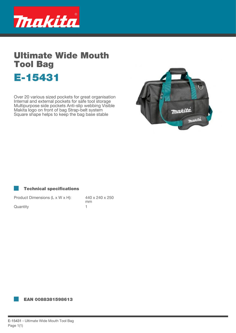 Makita E-15431 Ultimate Wide Mouth Tool Bag Power Tool Accessories