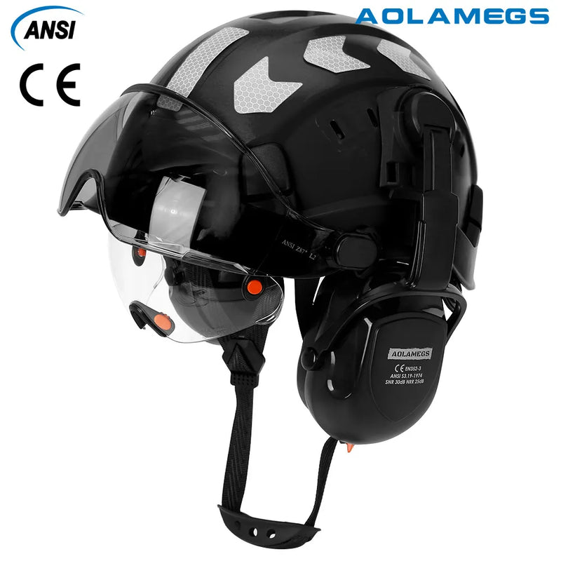 CE Construction Safety Helmet With Visor Reflective Stickers Built In Goggle Earmuffs ABS Industrial Hard Hat ANSI Riding Climb