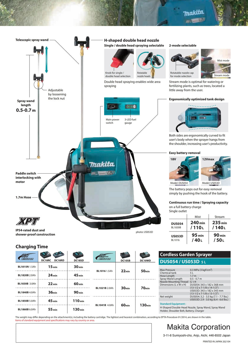 Makita DUS054Z 18V LXT Cordless 5L Sprayer Lithium Garden Power Tools Outdoor Water Pesticide Spraying