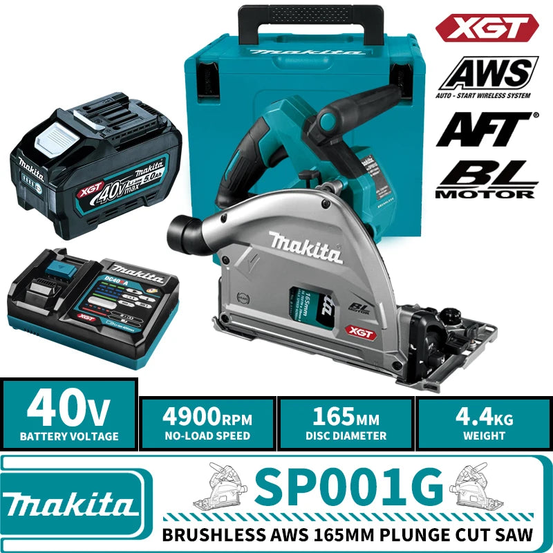 Makita SP001G Kit Plunge Cut Saw XGT Brushless Cordless AWS 165MM 6-1/2" 40V Lithium Power Tools 4900RPM With Battery Charger