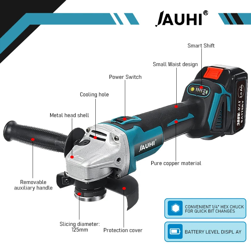 JAUHI 125MM 4 Gear Brushless Electric Angle Grinder Cutting Machine Power Tool with Makita 18V Battery for Decoration Tools