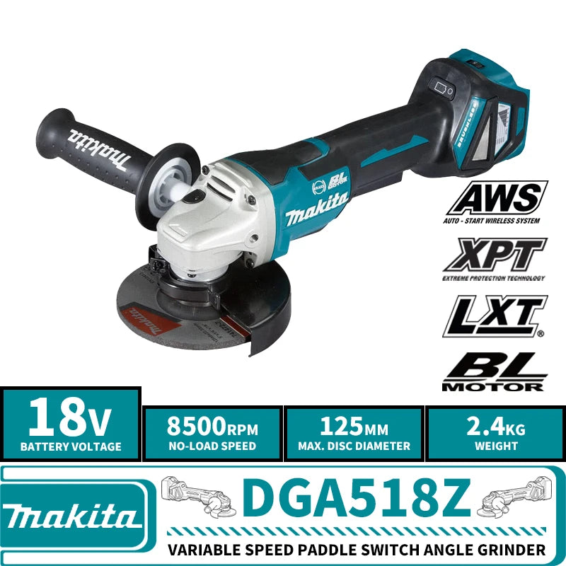 Makita DGA518Z Brushless Cordless 125MM (5") Variable Speed Paddle Switch Angle Grinder LXT 18V Lithium Power Tools 8500RPM