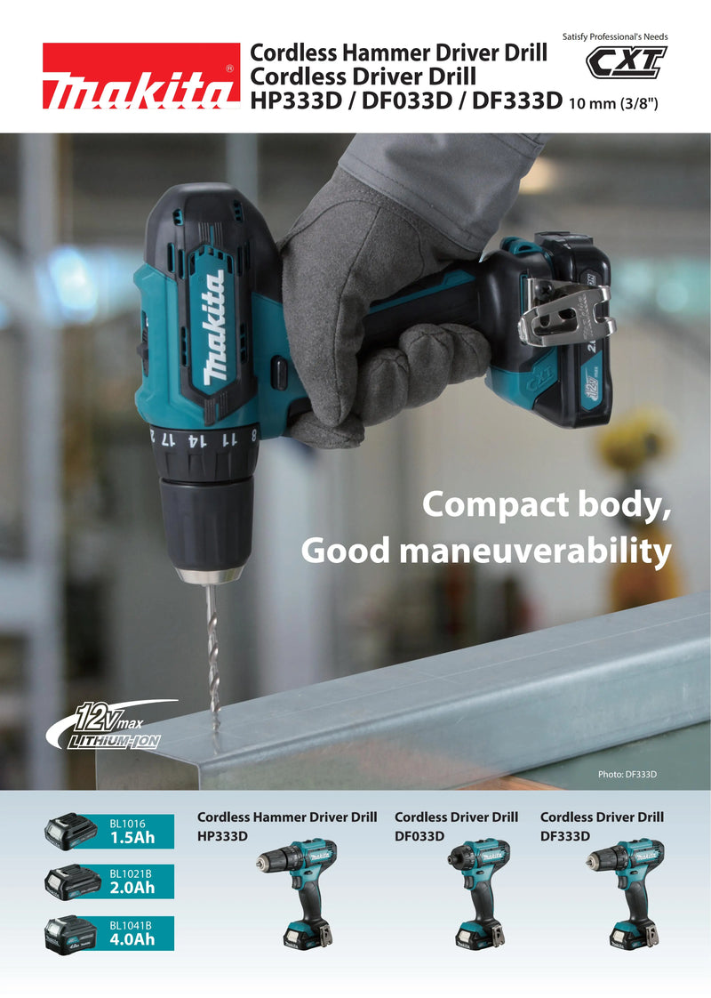 Makita DF333DWY Kit Cordless Driver Drill 12V Lithium Power Tools With Battery Charger 1700RPM 28NM