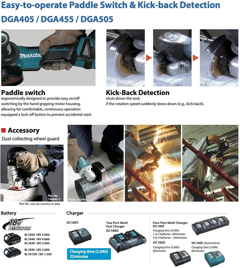 Makita DGA404Z DGA402Z Cordless 100MM Angle Grinder Brushless 18V Lithium Power Tools 11000RPM XPT