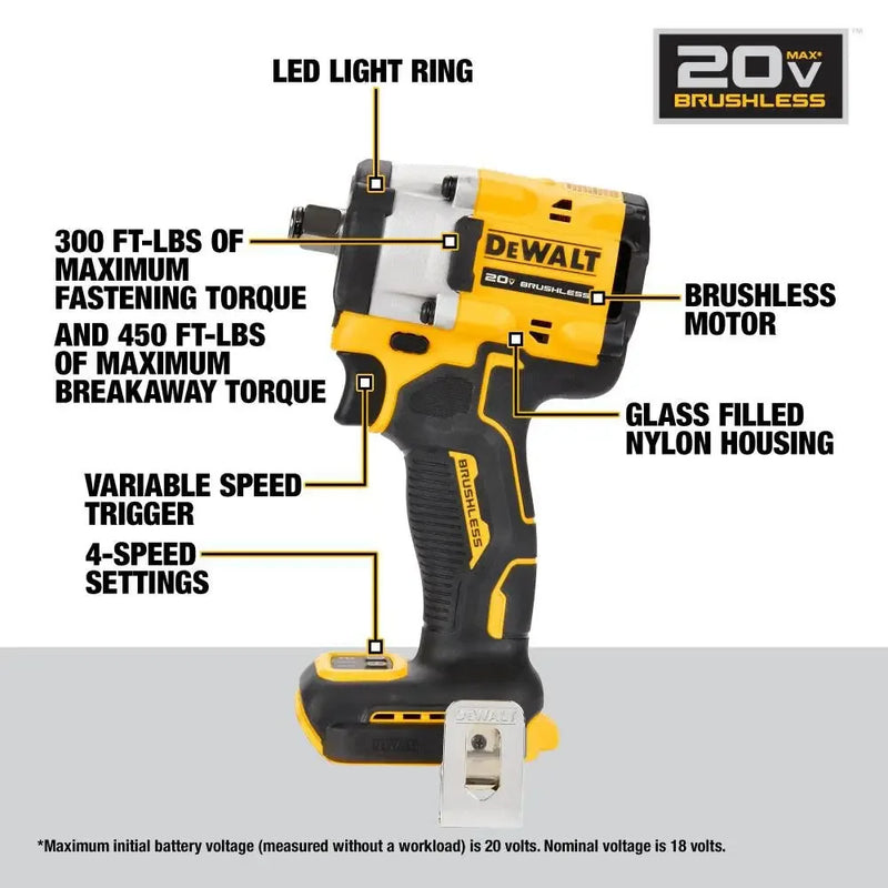 DEWALT DCF921 Kit ATOMIC™ 1/2in Brushless Cordless Impact Wrench With Hog Ring Anvil 20V Lithium Power Tool With Battery Charger