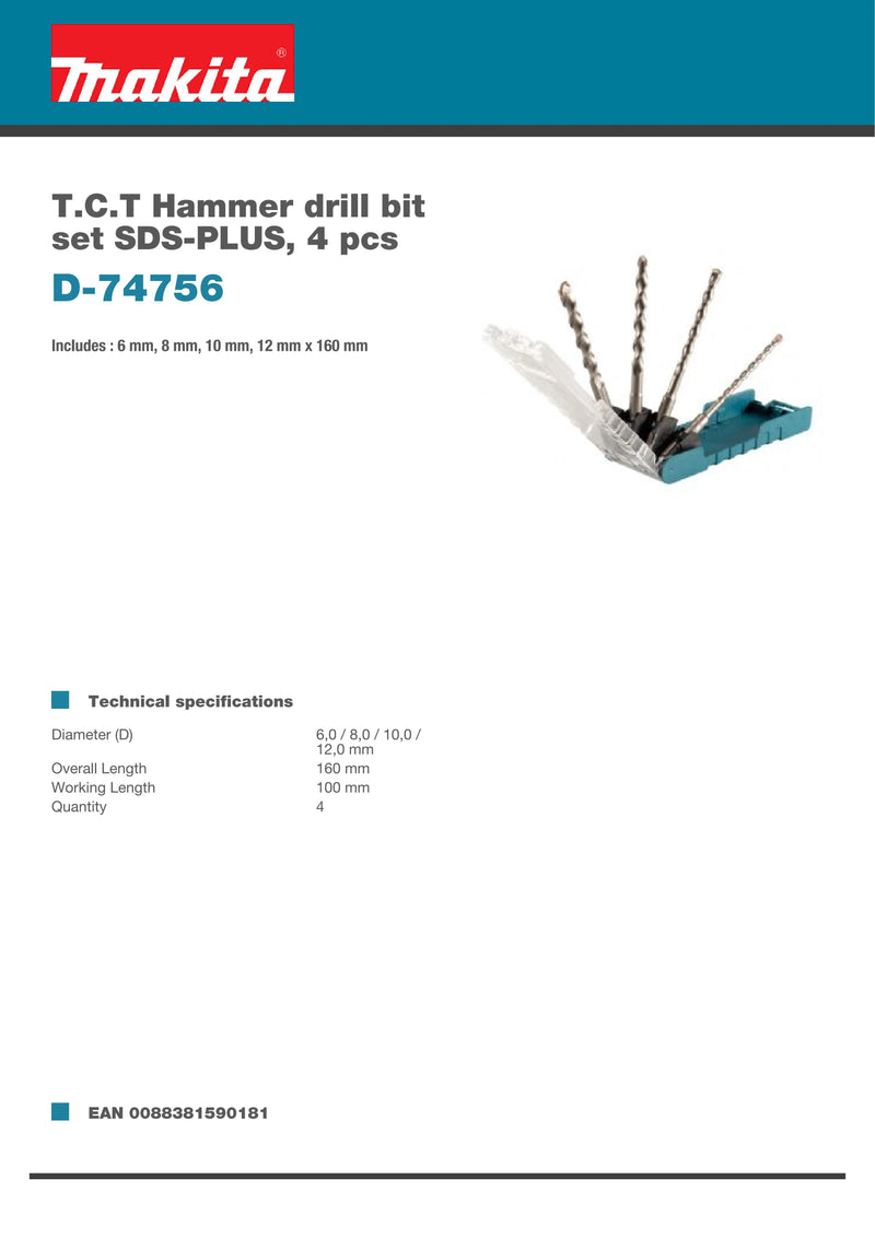 Makita D-74756 T.C.T Hammer Drill Bit Set SDS-PLUS 4PCS Power Tool Accessories